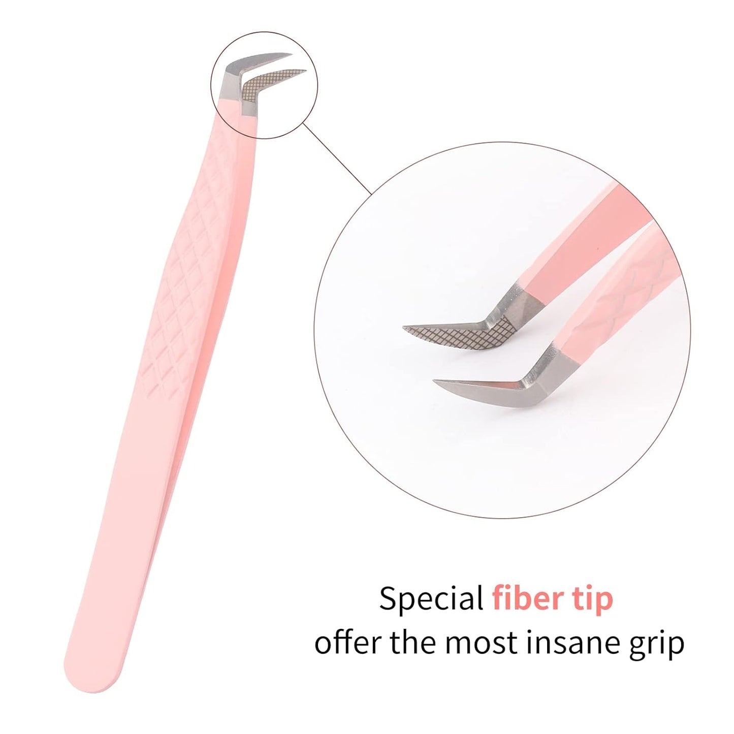 Lash Tweezers for Eyelash Extensions - Professional Artist Tech Work Kit Tools With Fiber Tip for Light or Mega Volume Fans - Curved Tweezers