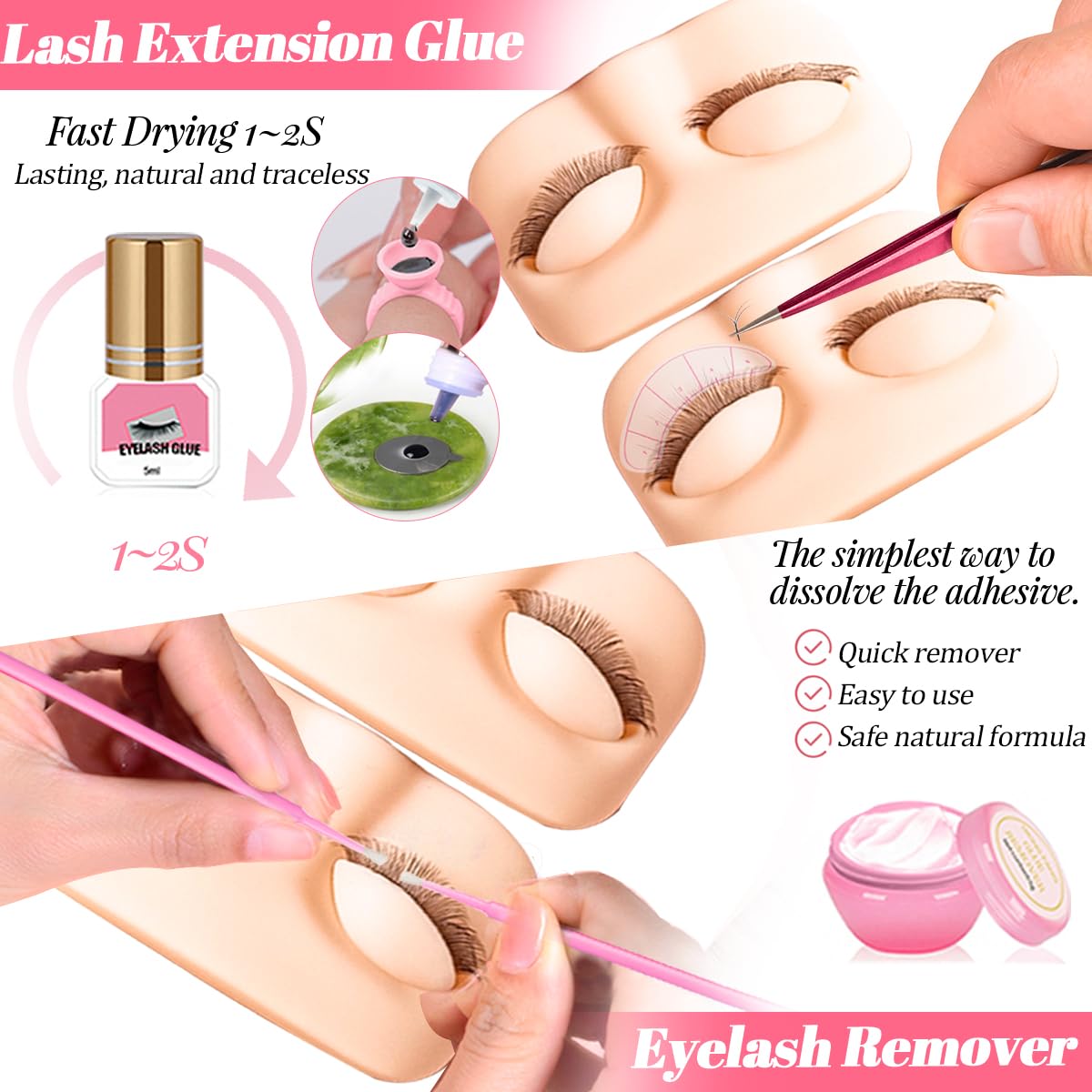 Lash Extension Kit for Beginners Lash Mannequin Head with Replaced Eyelids False Eyelashes Practice Eyelash Strips Facial Mister Tweezers Glue USB Fan Professional Set