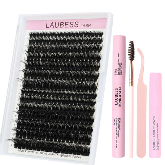 Lash Extension Kit LAUBESS Lash Clusters Kit Cluster Eyelash Extensions Kit Eyelash Clusters Lash Bond and Seal Waterproof Tweezers Brush Lash Glue Remover (Kit 60D/80D-D-Mix8-18(3D)