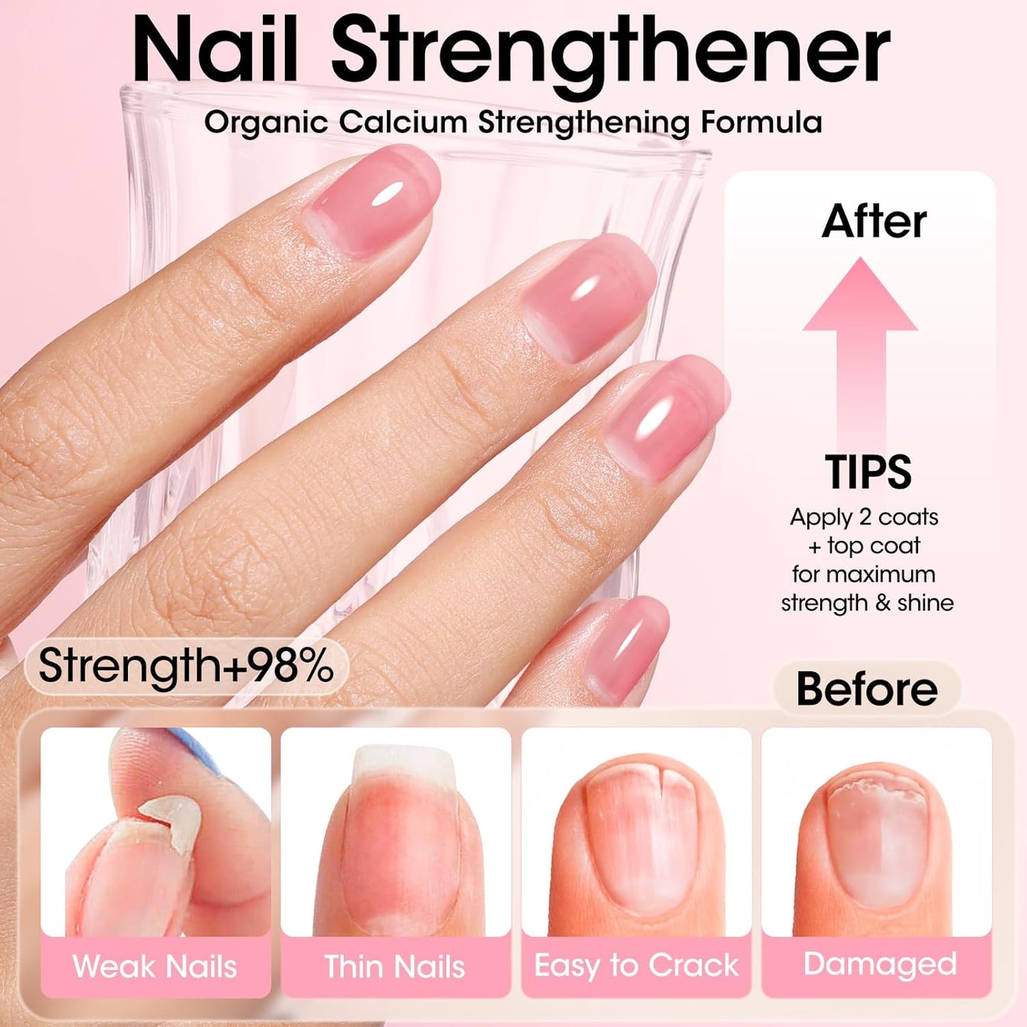 GELLEN 4-In-1 Clear Nail Polish Base Coat Dusty Pink Tint, Sheer Rose Ridge Filler For Nails, Nail Strengthener Concealer, Calcium Formula Smoothes Strengthens Nails, Enhances Natural Look, HEMA Free