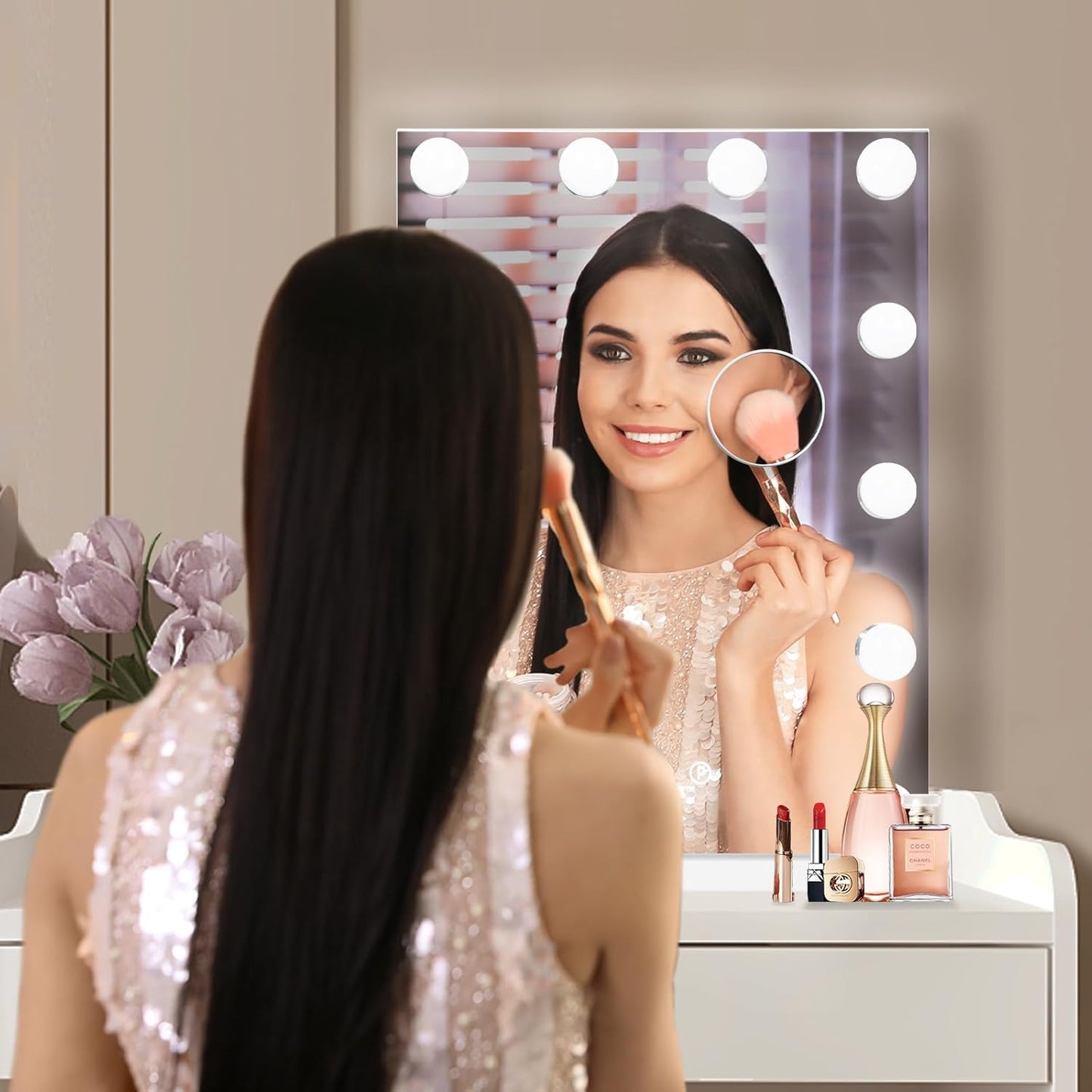 Hollywood Vanity Mirror with Lights, 12 Dimmable Bulbs, 3 Color Lights,Make Up Lighted Mirror, Aluminum Metal Frame, USB Charging Port(14" x 18")