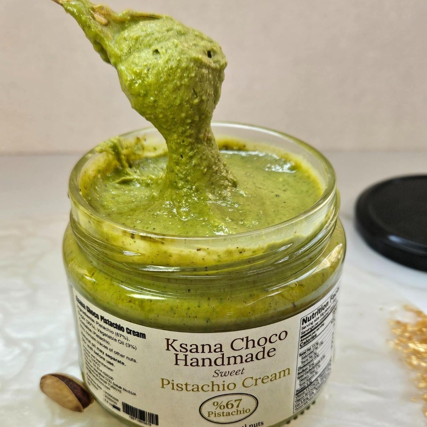 Ksana Choco Pistachio Cream – 67% Turkish Pistachios, 12.3 oz – Palm Oil Free, Handmade Spread – With Free Roasted Kadayif – Perfect for Dubai Chocolate