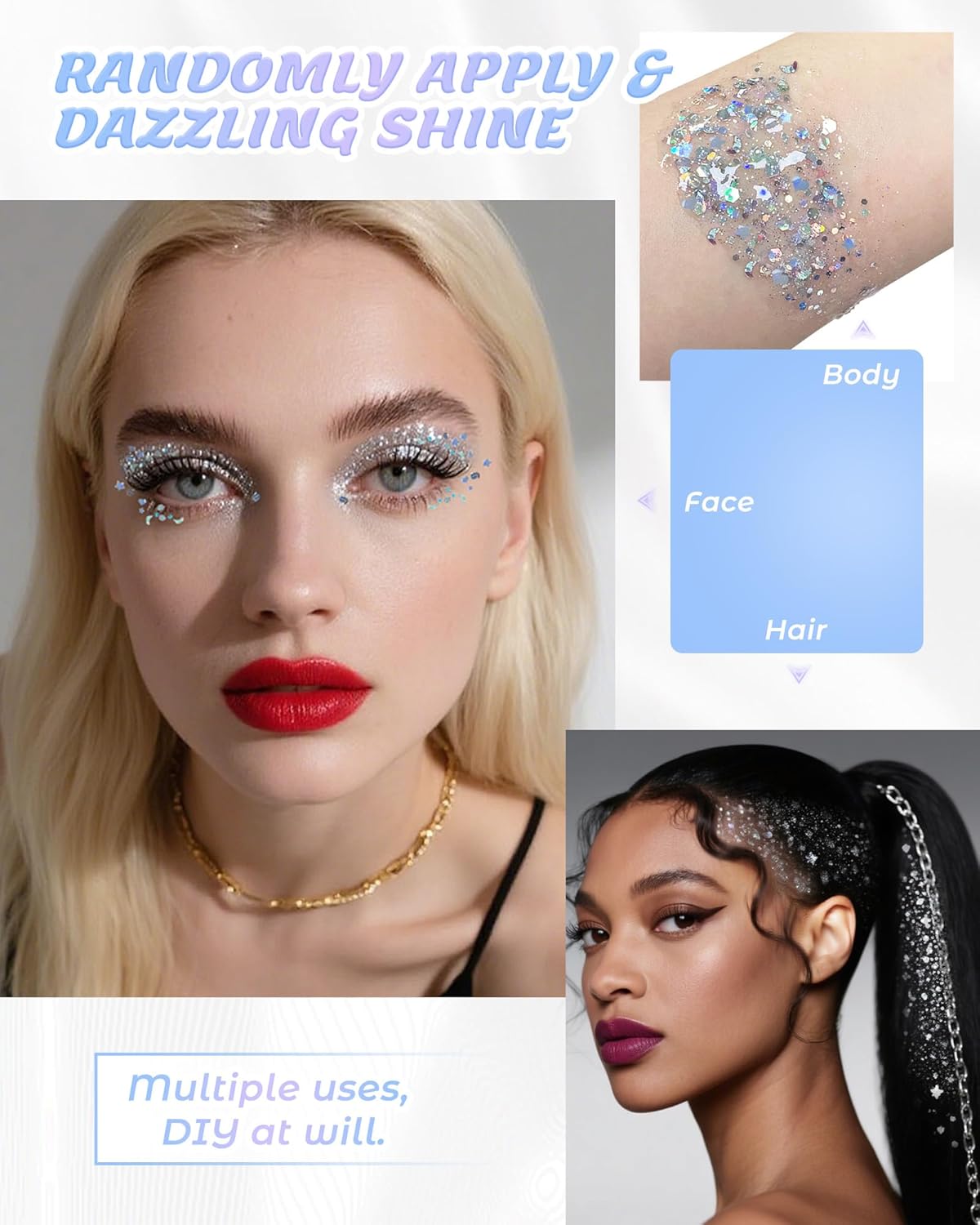 6PCS Silver Face Body Glitter Gel,Holographic Chunky Sequins Body Glitter Paint for Party Singer Concerts Music Festival Rave Accessories for Girls Women Face Body DIY Sparkling Makeup