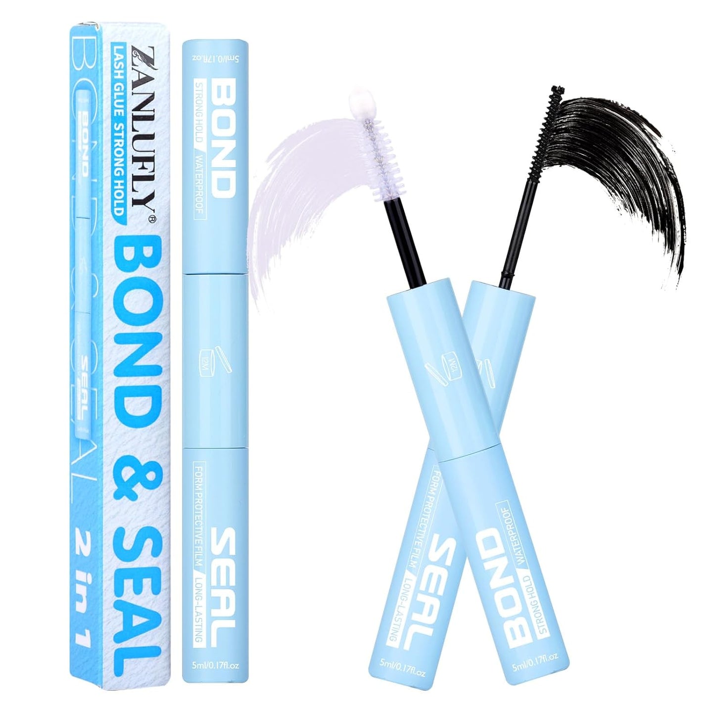 Lash Glue 2 in 1 Lashes Bond and Seal Waterproof Eyelash Glues Strong Hold Eyelash Adhesives Long Lasting Lash Cluster Glue for Eyelashes Extensions DIY at Home by ZANLUFLY
