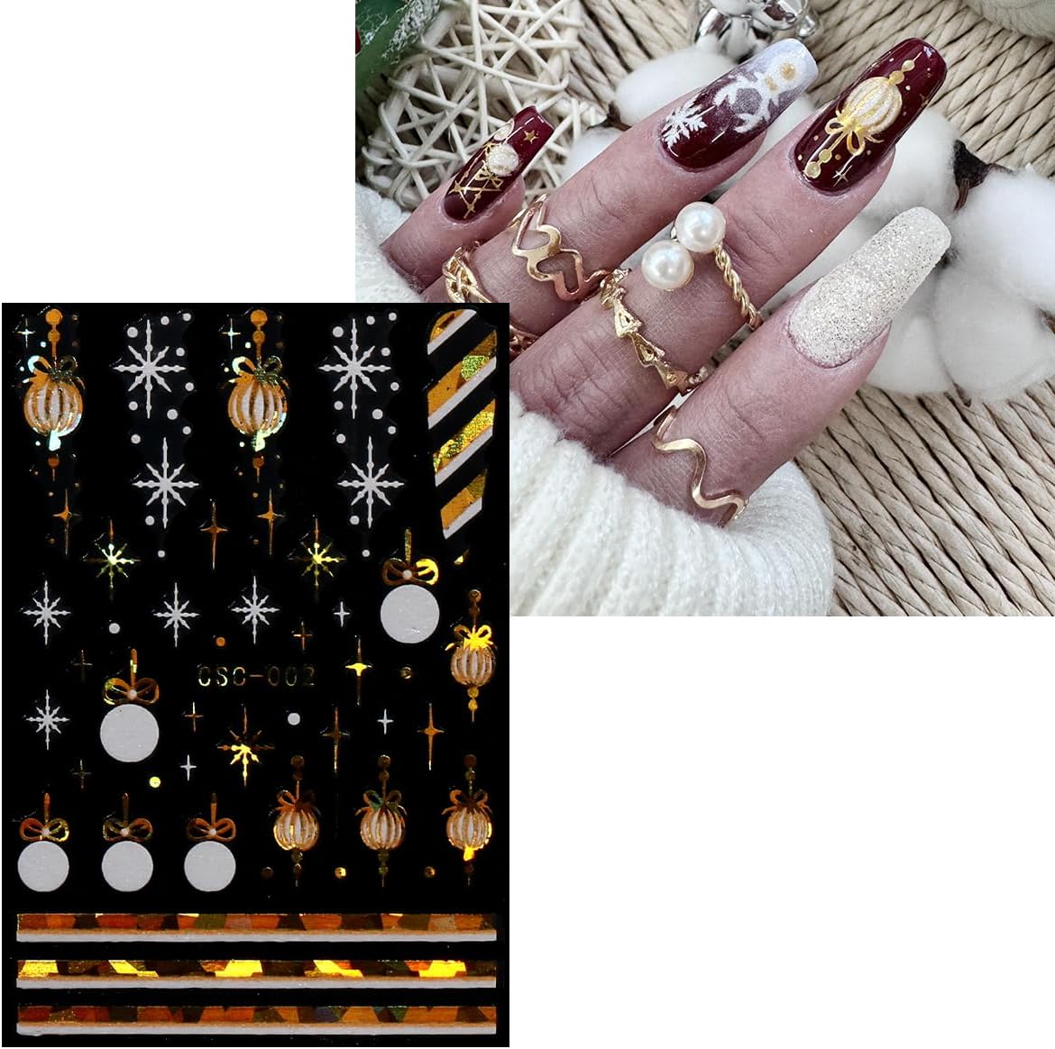 JMEOWIO 8 Sheets Christmas White Glitter Gold Nail Art Stickers Decals Self-Adhesive Snowflake Winter Holiday Nail Supplies Nail Art Design Decoration Accessories