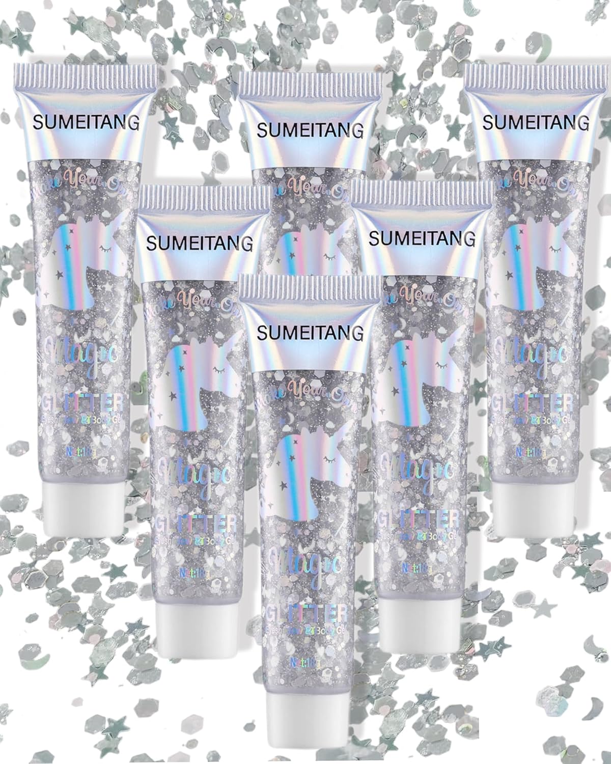 6PCS Silver Face Body Glitter Gel,Holographic Chunky Sequins Body Glitter Paint for Party Singer Concerts Music Festival Rave Accessories for Girls Women Face Body DIY Sparkling Makeup