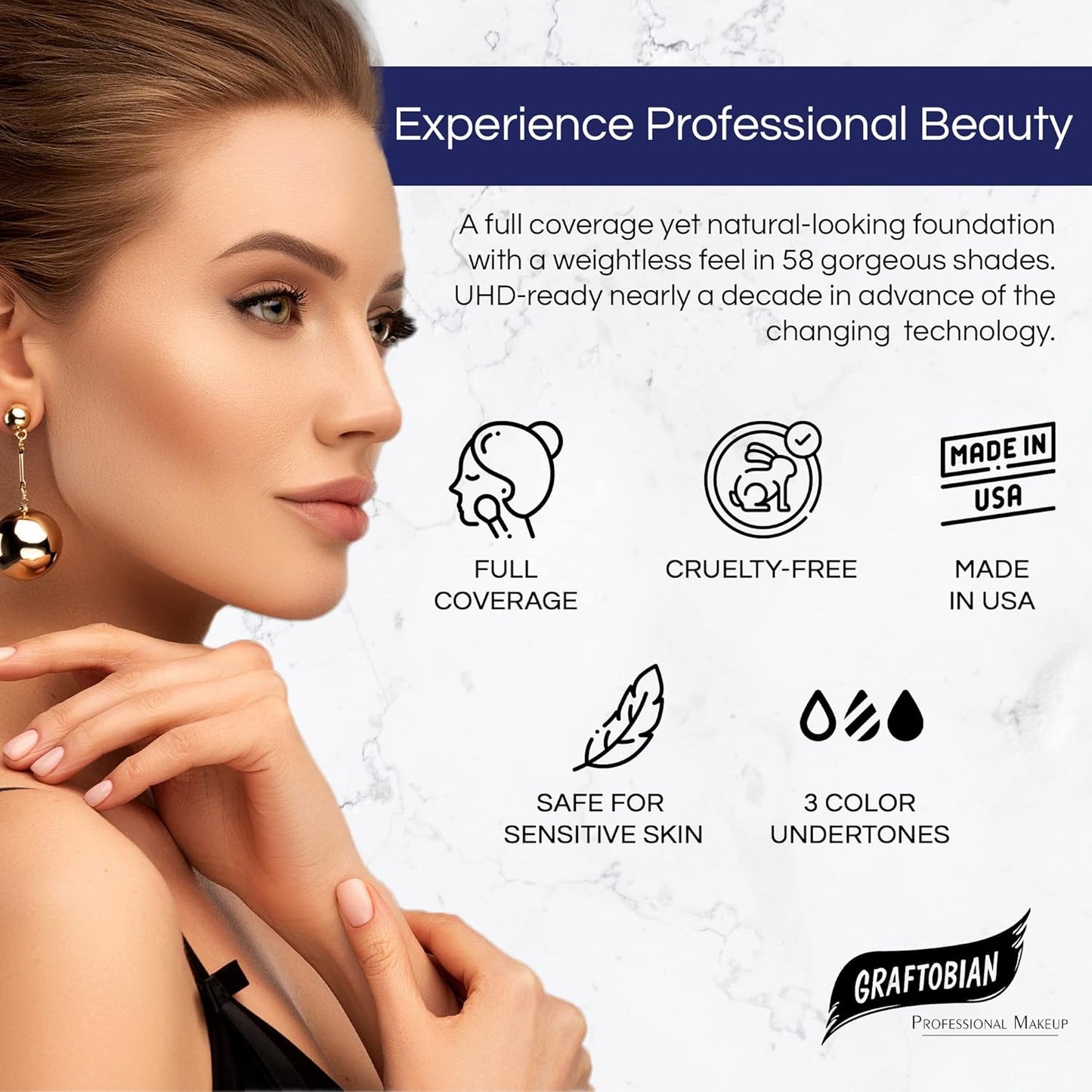 Graftobian HD Glamour Crème Foundation 1/2oz, Weightless Full Coverage Makeup, 65 Inclusive Shades, For All Skin Types, Natural or Full-Glam Looks, For Professionals and Beginners, Sandstone