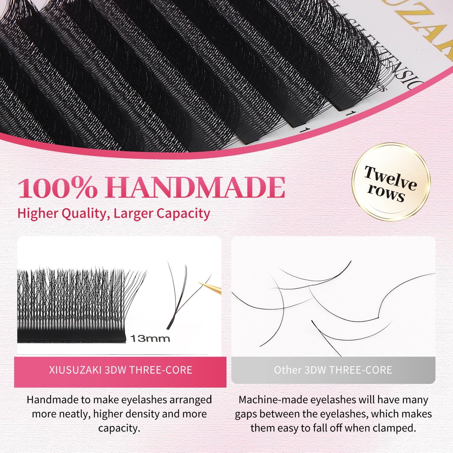 Lash Extensions Three Core Tips 3D Eyelash Extensions W Shape 0.07mm Thickness C Curl 13mm Premade Fans Easy Fan Volume Lashes Matte Black Crisscross(W-3D-Three Core-0.07-C,13mm)