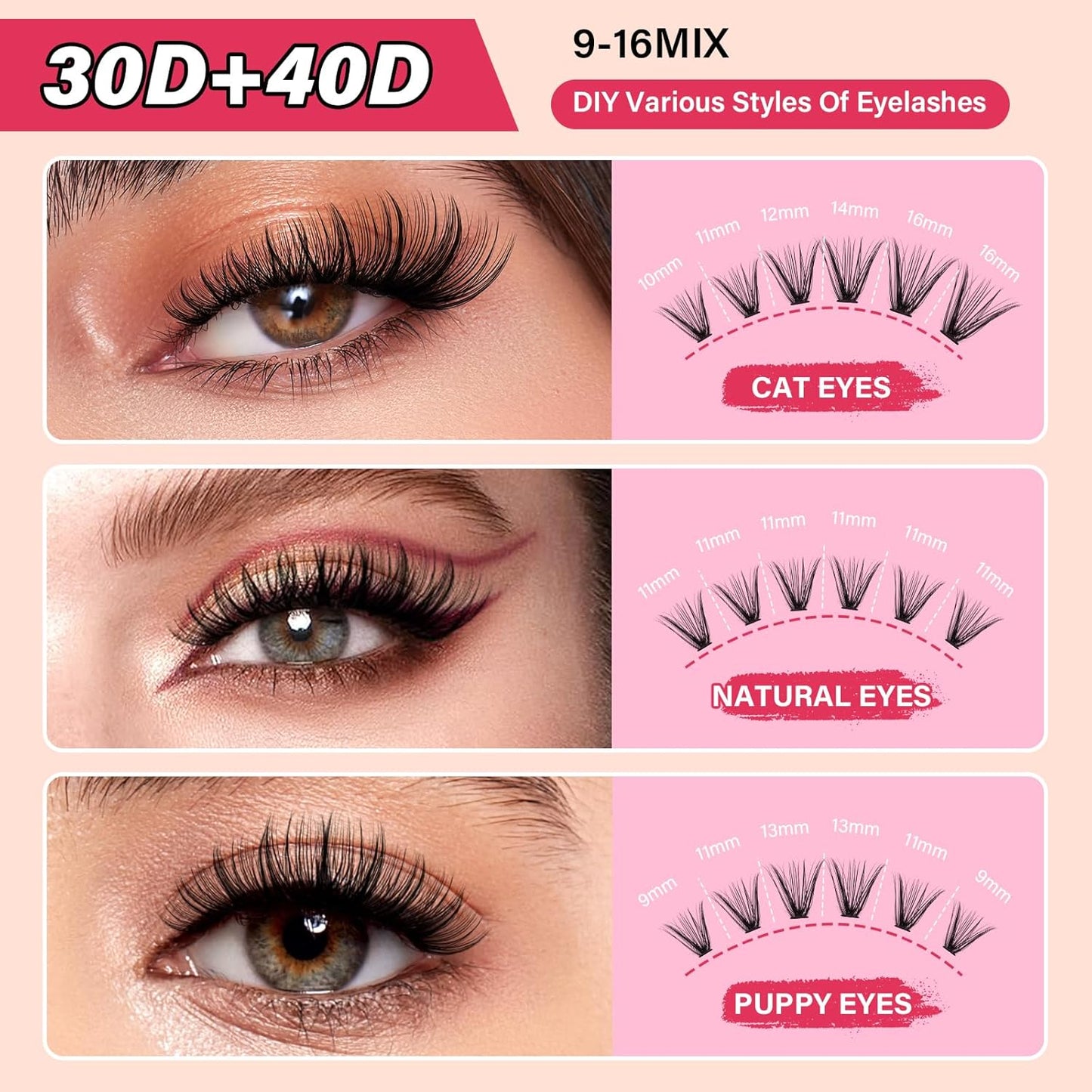 Individual Lashes 280 Pcs 30D+40D Mixed Lash Clusters 14 Rows that Look Like Eyelash Extensions DIY Lash Extension Self Application At Home (30+40-D-9-16mix)