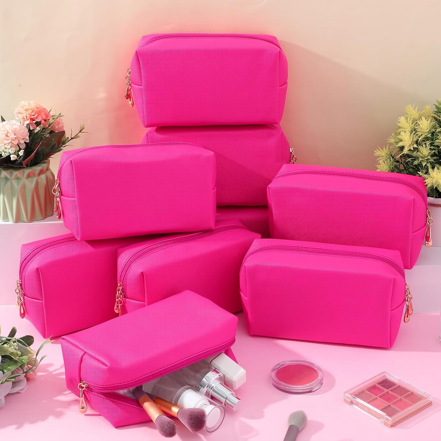 Kigeli 15 Pcs Aesthetic Makeup Bags PU Leather Cosmetic Pouches Waterproof Plain Toiletry Bags Makeup Pouches Bulk for Women Party Gift Travel Storage Organizer(Rose Red)