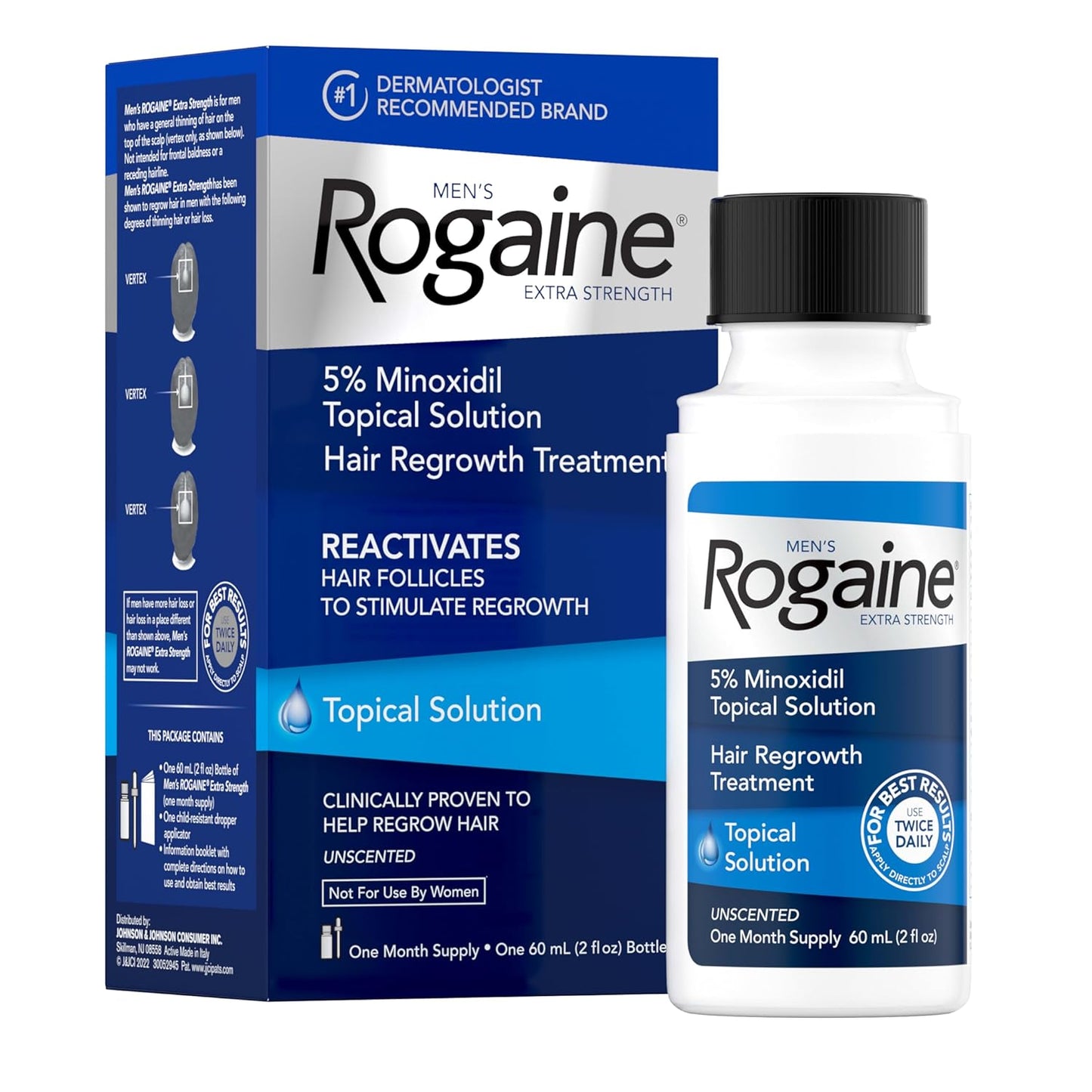 Men's Rogaine Extra Strength 5% Minoxidil Topical Solution for Hair Loss & Regrowth, Topical Treatment for Men, Unscented Minoxidil Follicle Booster Liquid, 1-Month Supply, 2 fl. oz