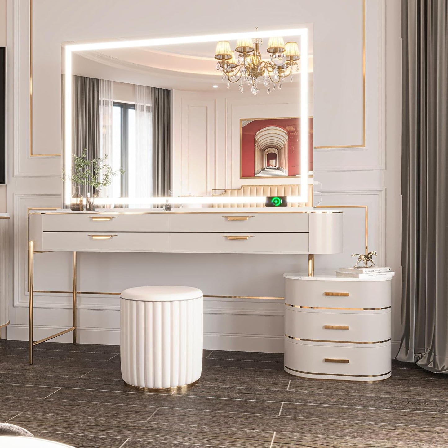 Hasipu Vanity Mirror with Lights and Bluetooth Speaker, 55" x 35.8" LED Makeup Mirror, Lighted Makeup Mirror with Dimmable 3 Modes, Touch Screen Control Vanity Mirror Square White