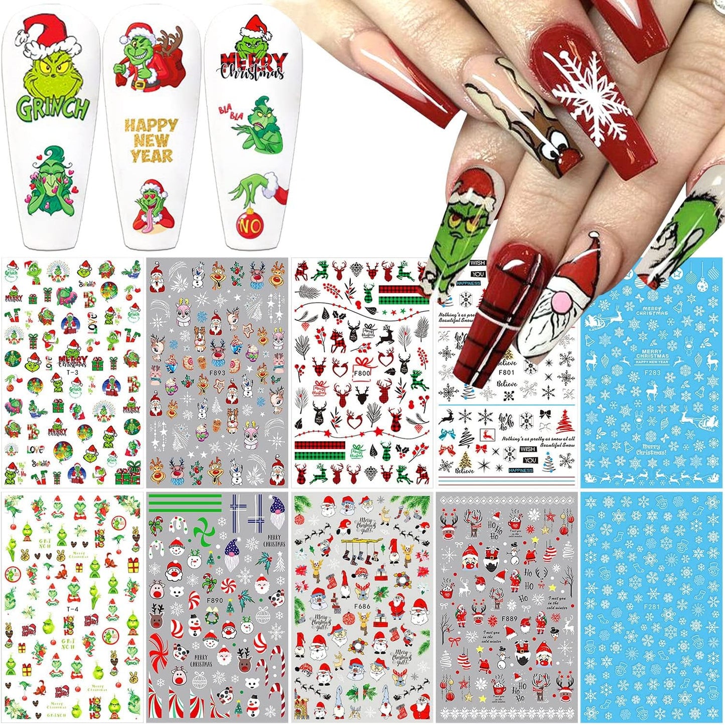 10 Sheets Christmas Nail Art Stickers 3D Xmas Nail Decals Winter Snowflake Santa Claus Snowman Buffalo Plaid Reindeer Nail Stickers for Christmas Nail Designs Decorations Manicure Tips Charms