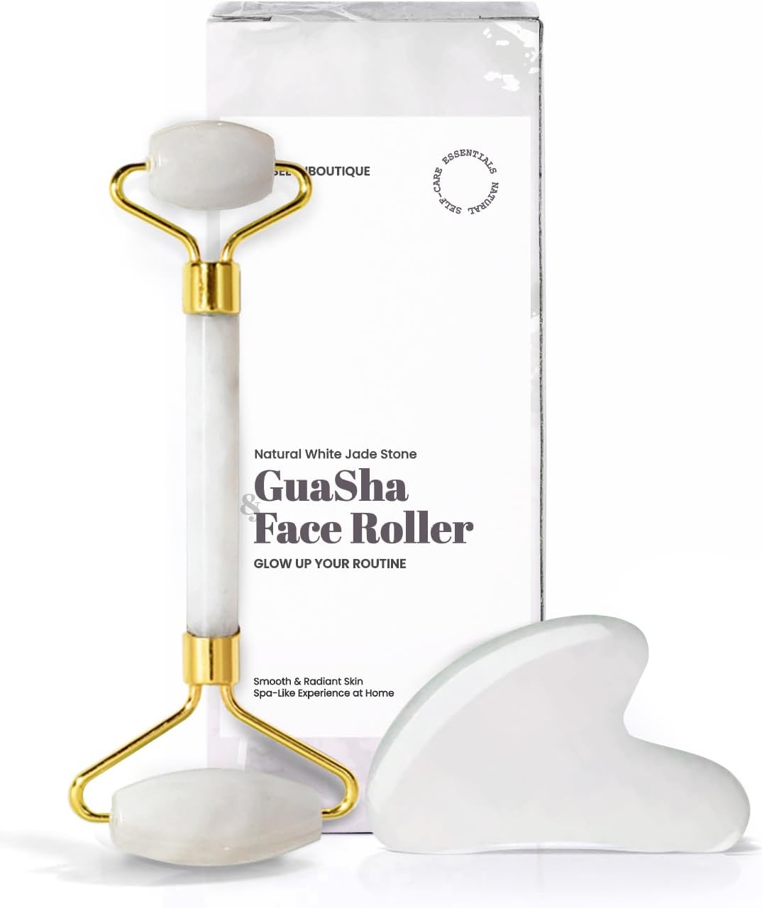 Gua Sha Facial Tools & Face Roller by ROSELYNBOUTIQUE Original Face Massager for Puffiness Wrinkless Skin Care Routine - Self Care Gift for Men Women (White Jade)