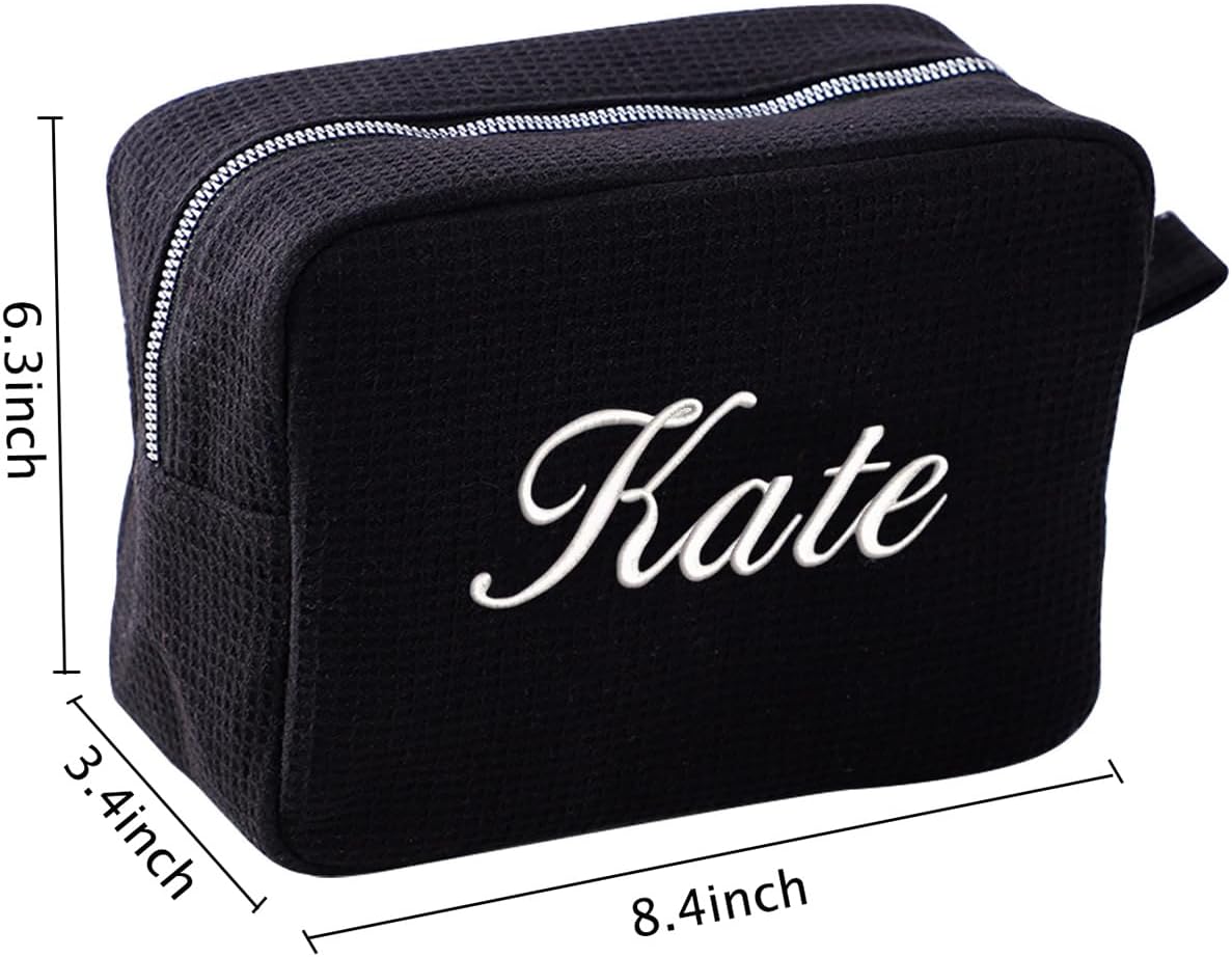 GOPHIE Personalized Embroidered Makeup Bag,Custom Waffle Fabric Cosmetic Pouch for Women, Travel Makeup Pouch (6, Black)