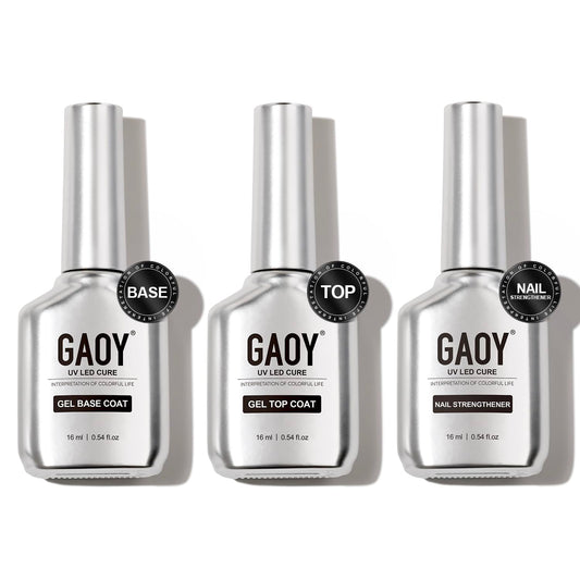 GAOY Gel Top Coat, Nail Strengthener and Base Coat Set, 3 Pcs 16ml Clear Glossy No Wipe Combination for UV Light Cure Gel Nail Polish