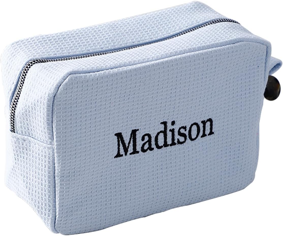 GOPHIE Personalized Embroidered Makeup Bag,Custom Waffle Fabric Cosmetic Pouch for Women, Travel Makeup Pouch (1, Sky Blue)