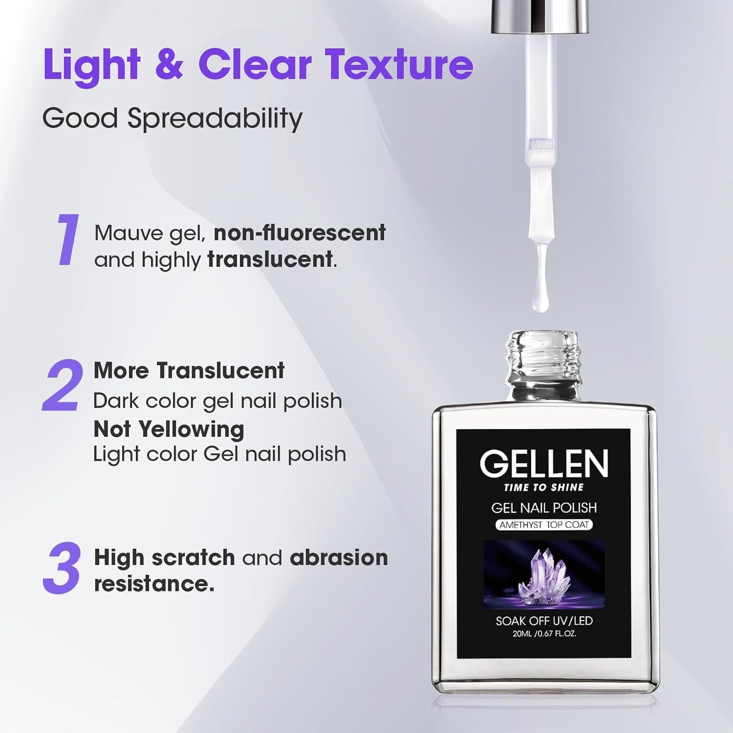 GELLEN No Wipe Gel Top Coat, 20ml Clear Glossy Top Coat Gel Nail Polish, Long Lasting for 28+ Days, DIY Nail Art Manicure for Women Gilrs