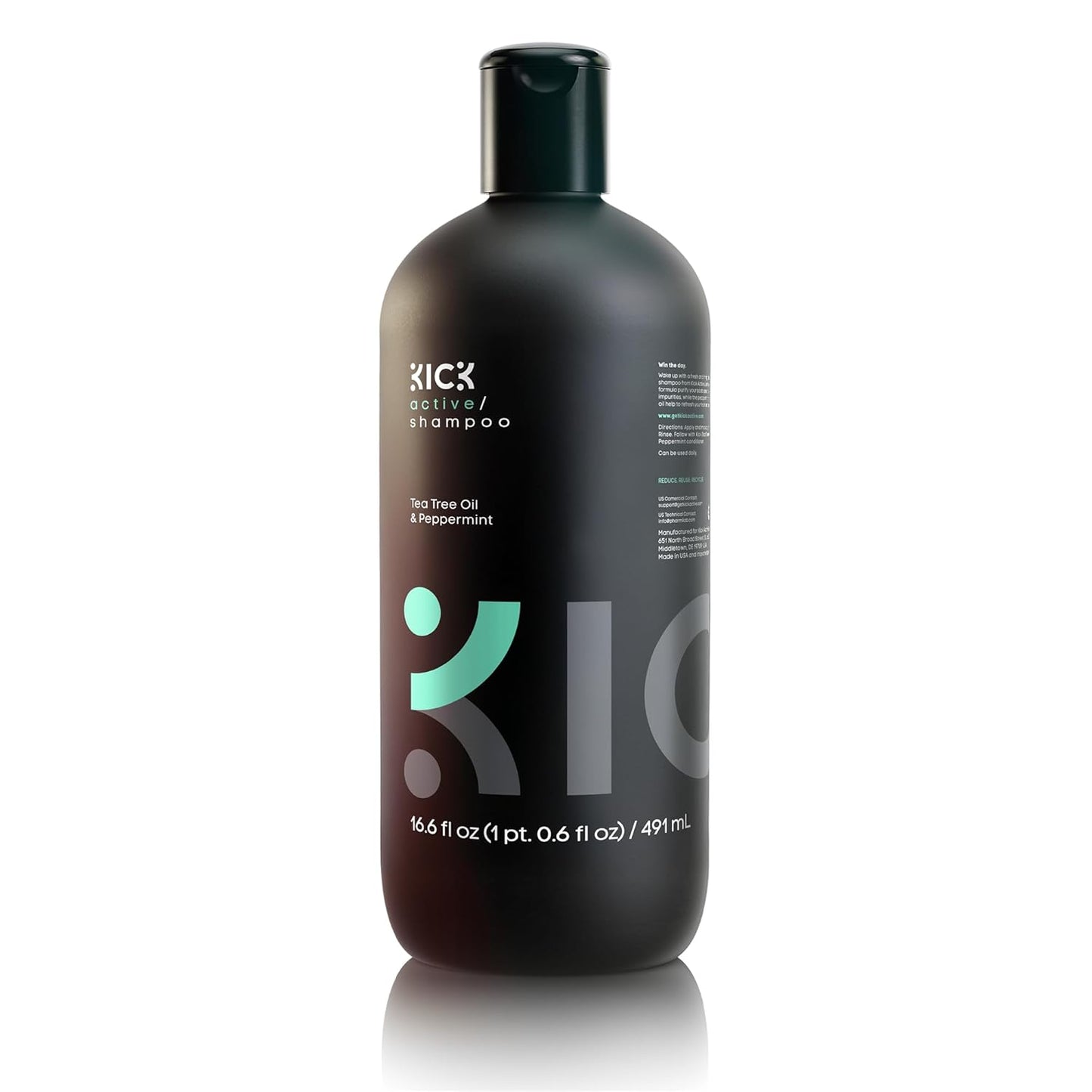Kick Mens Shampoo - Peppermint & Tea Tree for Oil Control - Sulfate-Free, Refreshing Formula - Anti-Dandruff and Scalp Soothing - Shampoo for Oily Hair - Cruelty-Free - 16.6oz