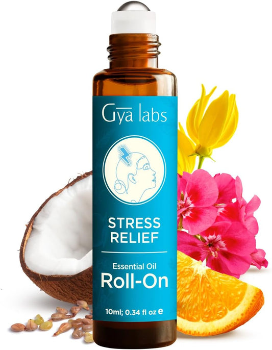 Gya Labs Stress Relief Essential Oil Roll on - Relaxing Gifts for Women & Men, 100% Pure Natural Essential Oil Roller, Blend with Ylang Ylang, Orange, Geranium & Lemongrass, Travel Size (0.34 Fl Oz)