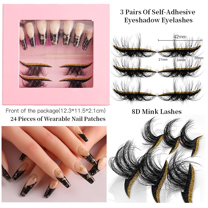 HBZGTLAD 3 in1 color eyeline Press On Nail with Eyelash Packing Boxes Set Package Pink White DIY Lashes and Nail Suit Box 1set… (SET-53)