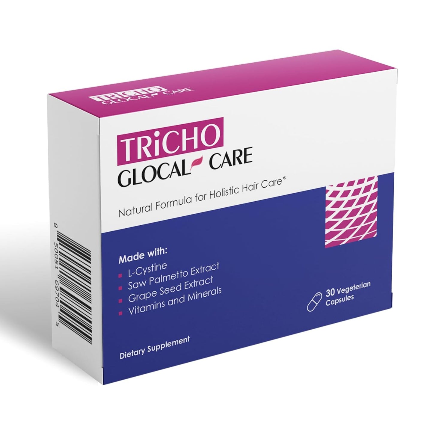 GlocalCare Tricho - Hair Growth Supplement, DHT Blocker with Saw Palmetto, 5000mcg Biotin & L-Cysteine - Revitalizes Thinning Hair, Stimulates Follicles & Promotes Regrowth in Men & Women - 30 ct