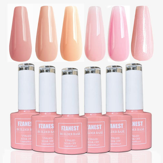 FZANEST Rubber Base Gel Polish, 6pcs*7.5ml Builder Gel Jelly Sheer Natrual Nude Pink in a Bottle UV Gel Polish Kit, Structure Quick Extension Gel