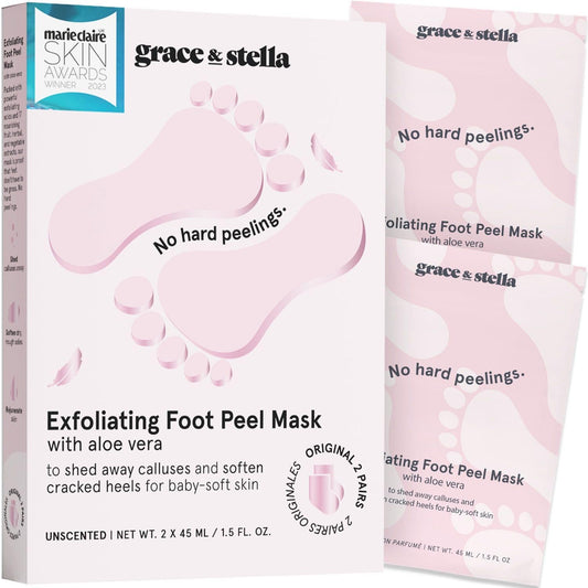 grace & stella Award-Winning Foot Peel Mask - Foot Peeling Mask with Aloe Vera - Moisturizing Foot Mask for Dry Cracked Feet - Foot Exfoliator for Baby Soft Feet (2 Pairs, Unscented)