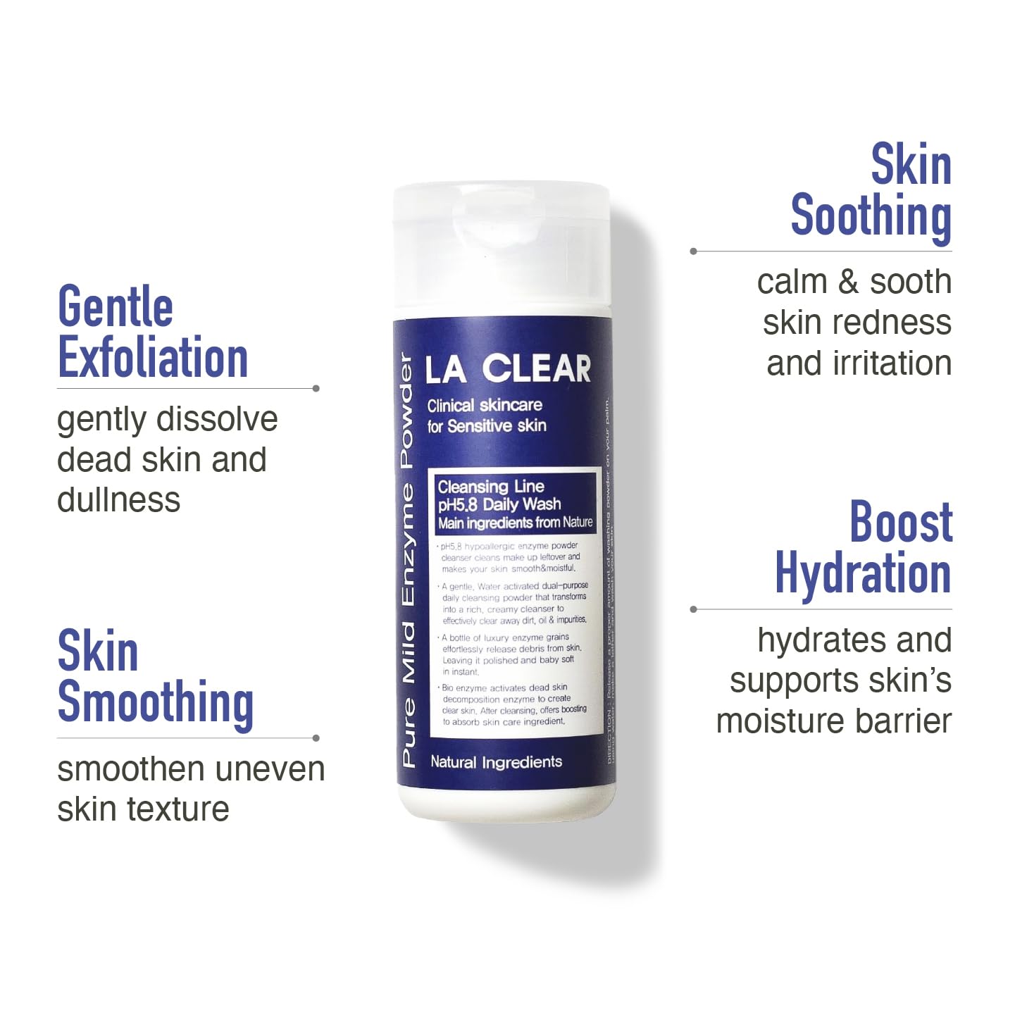 La clear Pure Mild Enzyme Powder Cleanser - Daily Exfoliating Facial Wash for Sensitive/Acne/All Skin Types. Natural Ingredients, pH5.8, Phthalate/Fragrance-Free, 2.5oz