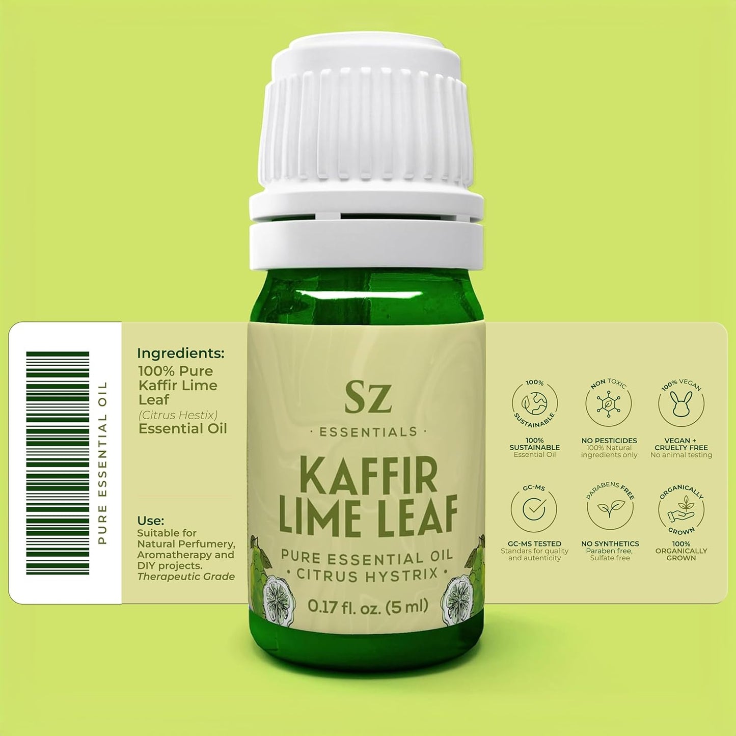 Kaffir Lime Leaf Essential Oil -100% Pure and Undiluted - Extracted from Citrus Hystrix Leaves - Earthy & Citrusy Scent with Fruity Overtones - Therapeutic Grade & Vegan - 0.17oz (5ml)