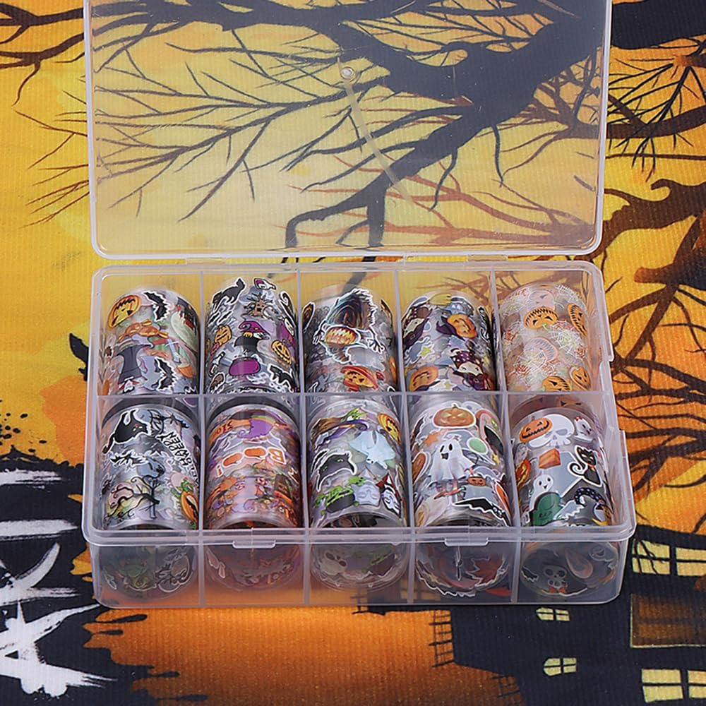10 Rolls Halloween Nail Foil Transfer Stickers Decals, Kawaii Halloween Nail Polish Sheets Sky Starry Paper Transfer Foils Cartoon Pumpkin Skeleton Glue Women Manicure Nail Film Decorations