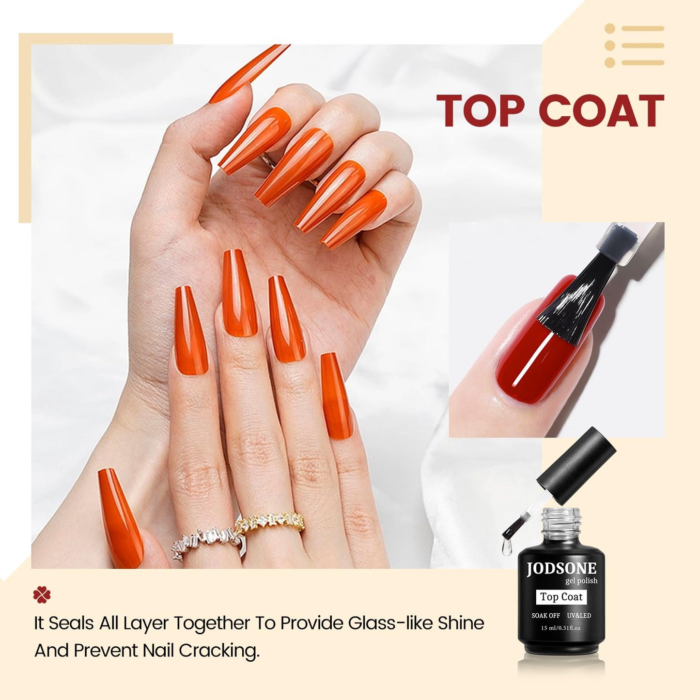 JODSONE 15ML Top Coat Gel Polish High Gloss Shine Finish Long Lasting Gel Nail Polish Professional Manicure Home DIY No Wipe
