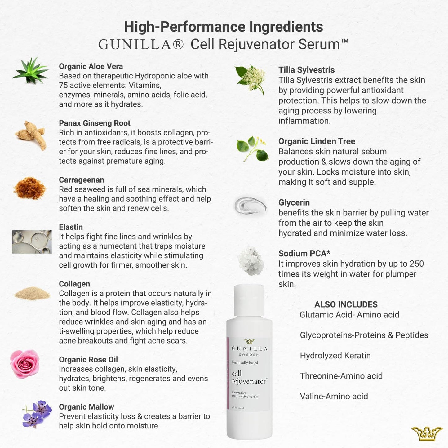 GUNILLA Cell Rejuvenator | Plant-Based Anti-Aging Facial Serum | Hydrates, Firms & Smooths for Radiant Skin | With Collagen, Elastin, Ginseng & Vitamins A, B, C & D | Vegan, Spa-Grade Skincare 4oz