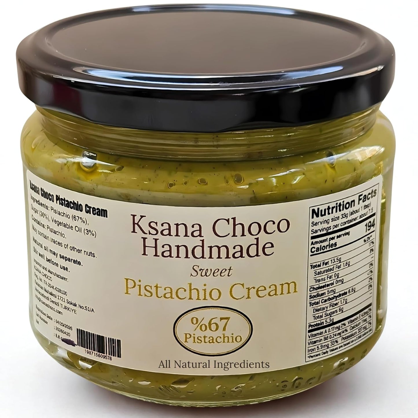 Ksana Choco Pistachio Cream – 67% Turkish Pistachios, 12.3 oz – Palm Oil Free, Handmade Spread – With Free Roasted Kadayif – Perfect for Dubai Chocolate