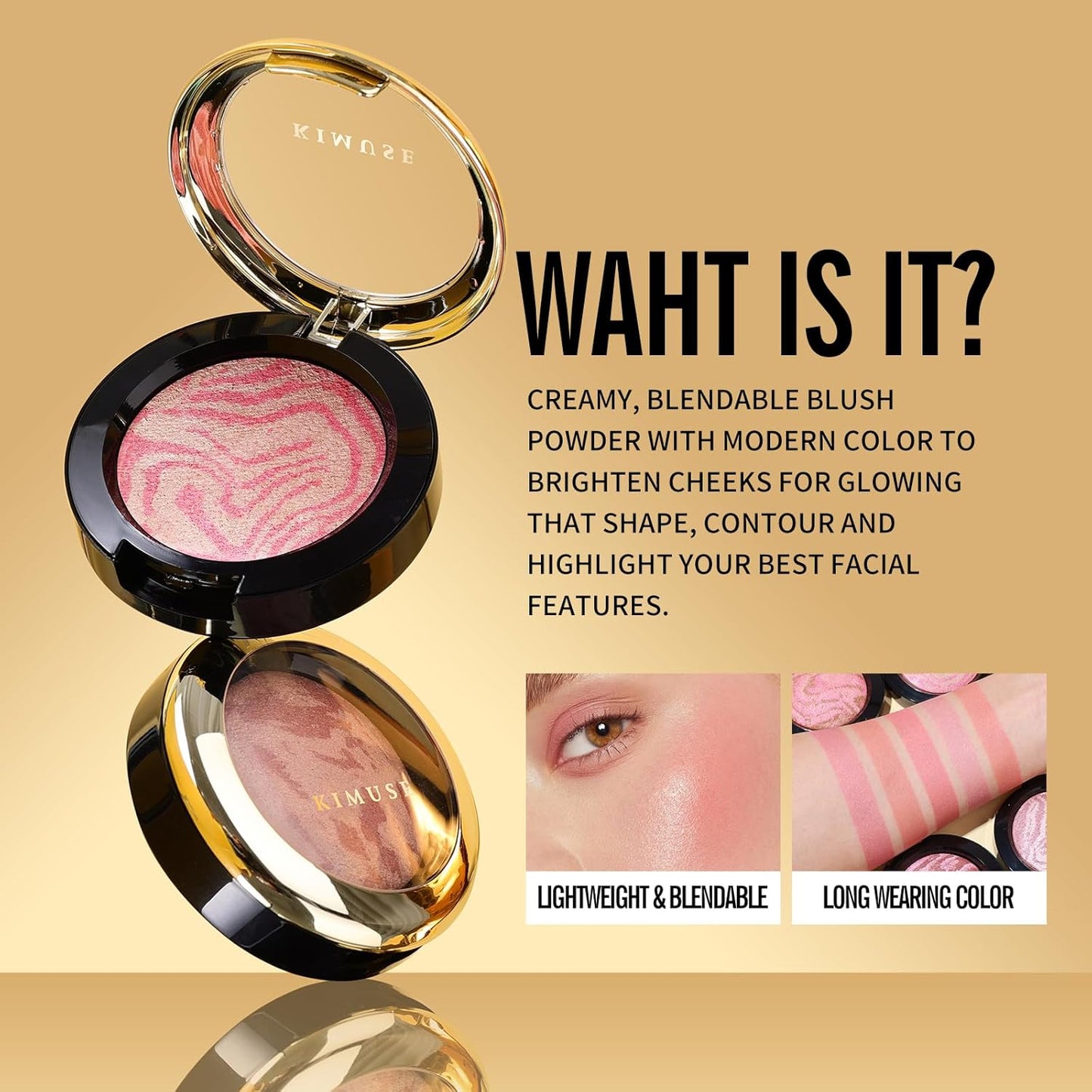KIMUSE Baked Blush, Lighting Glow Marbleized Blush Powder Blush, Contour & Highlight Face for a Creamy Lightweight Natural Finish
