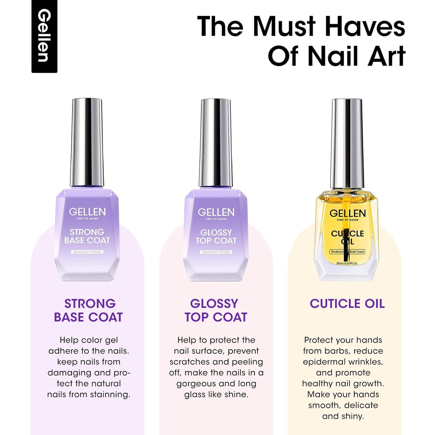 GELLEN 18 ml Glossy Top Coat Gel, Base Coat Gel & Cuticle Oil