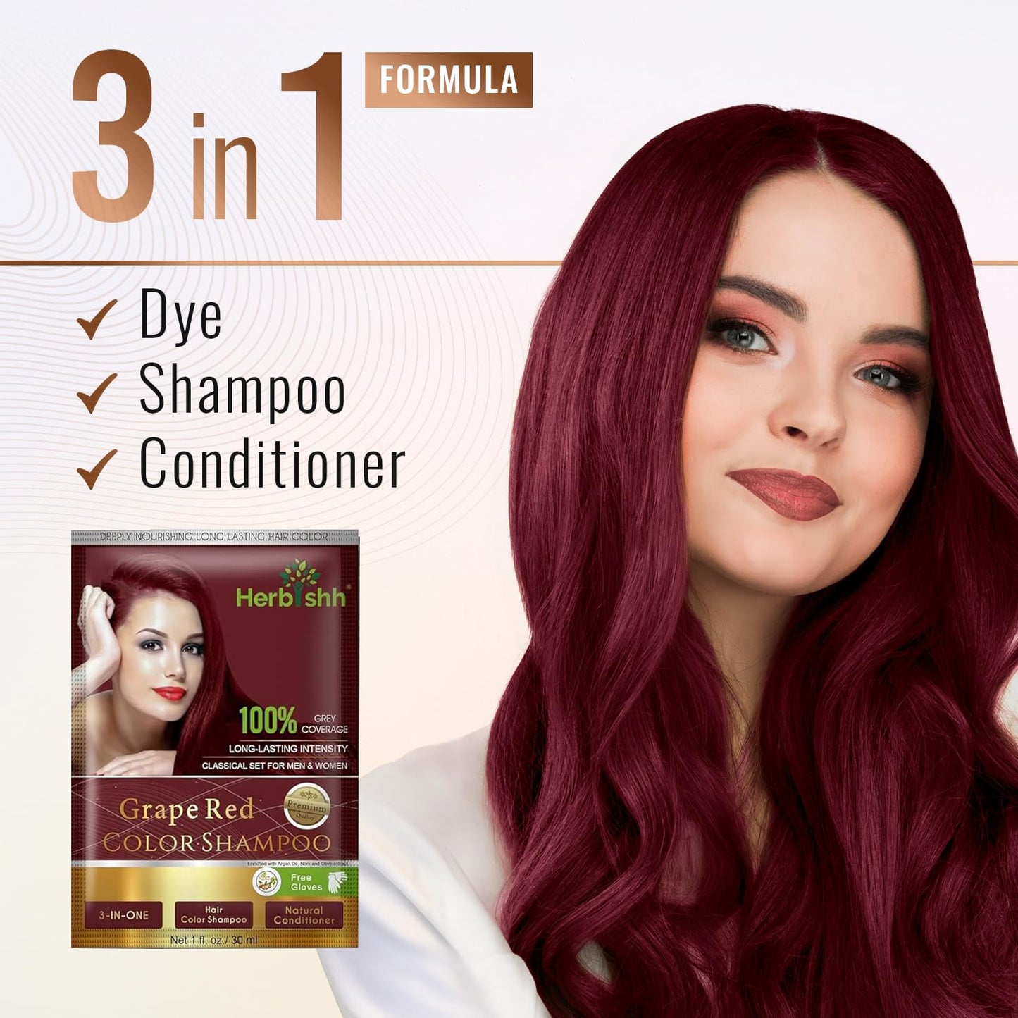 Herbishh Argan Hair Mask Shampoo - Natural Hair Dye for Gray Hair - Long-Lasting Color in Minutes - Travel Size - Ammonia-Free - 10+1 Pack (Grape Red)