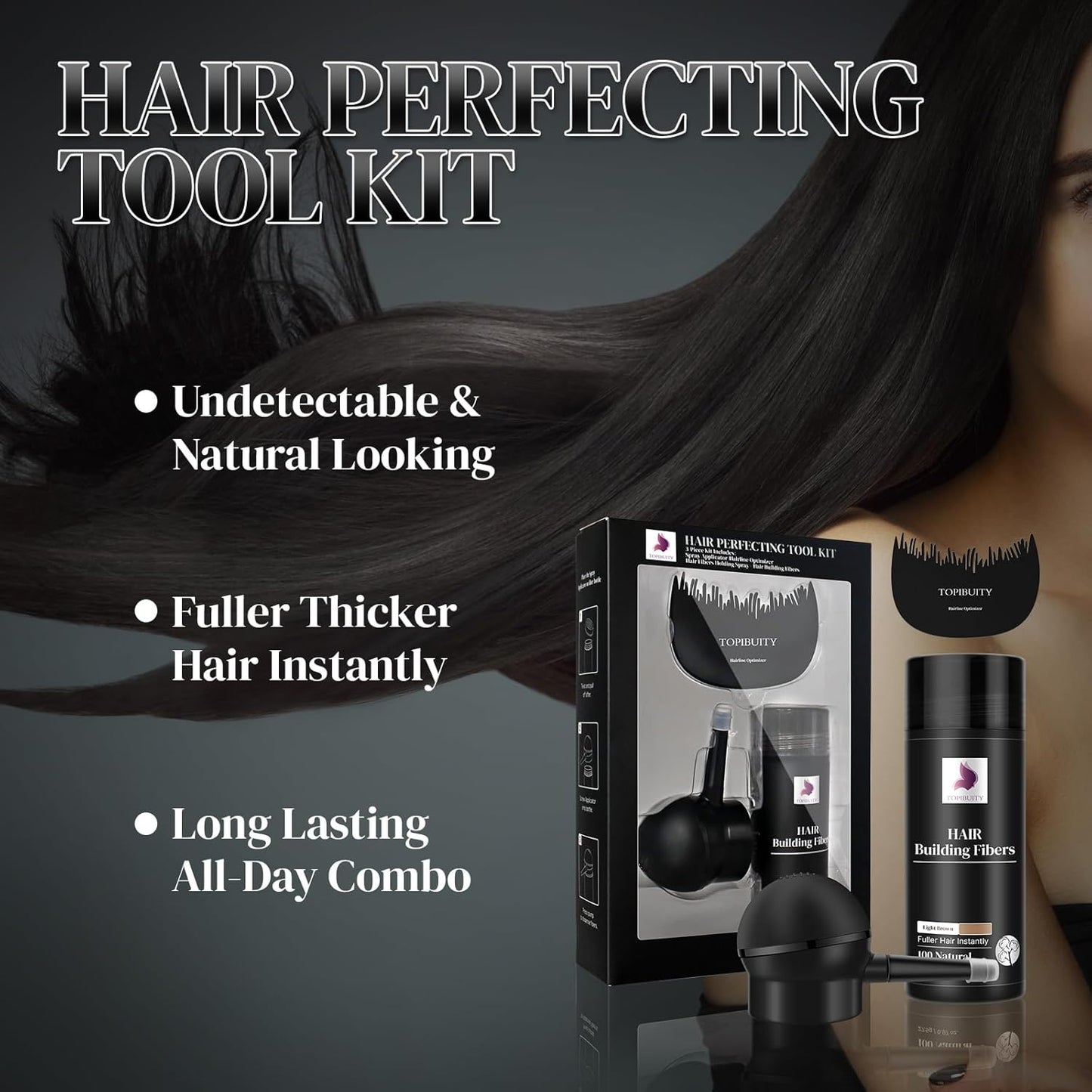 Hair Fibers & Applicator 3-in-1 Set - Natural Concealing Hair Thickening Fibers - Long-Lasting Spray with Accessory for Crisp Hairlines, Thicker Beard & Styling (light brown)