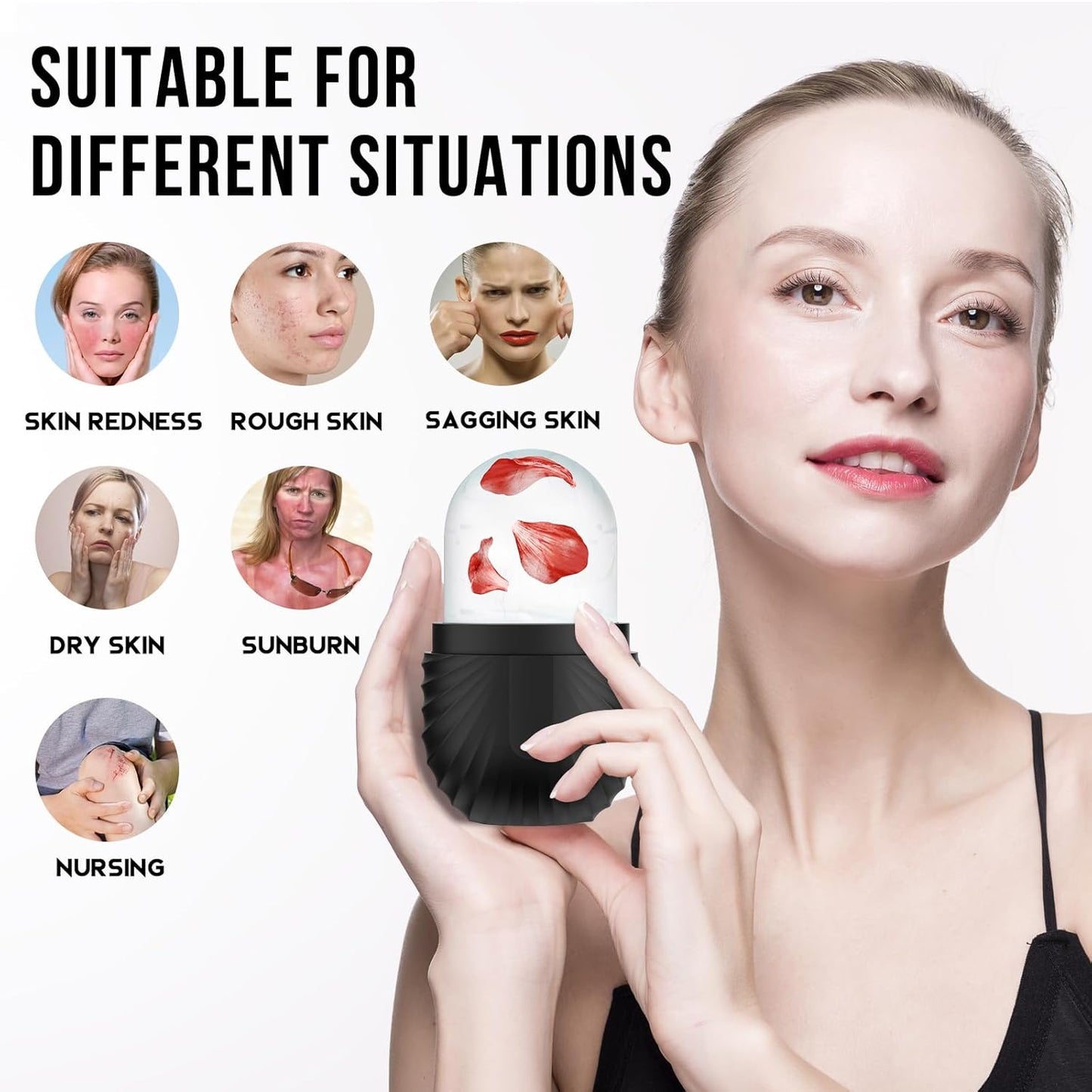 Ice Roller for Face and Eye, Reusable Silicone Ice Facial Roller Ice Holder, Face Ice Mold Skin Care, Ice Cube Roller for Shrink Pores Anti Wrinkle Reduce Puffiness, Black