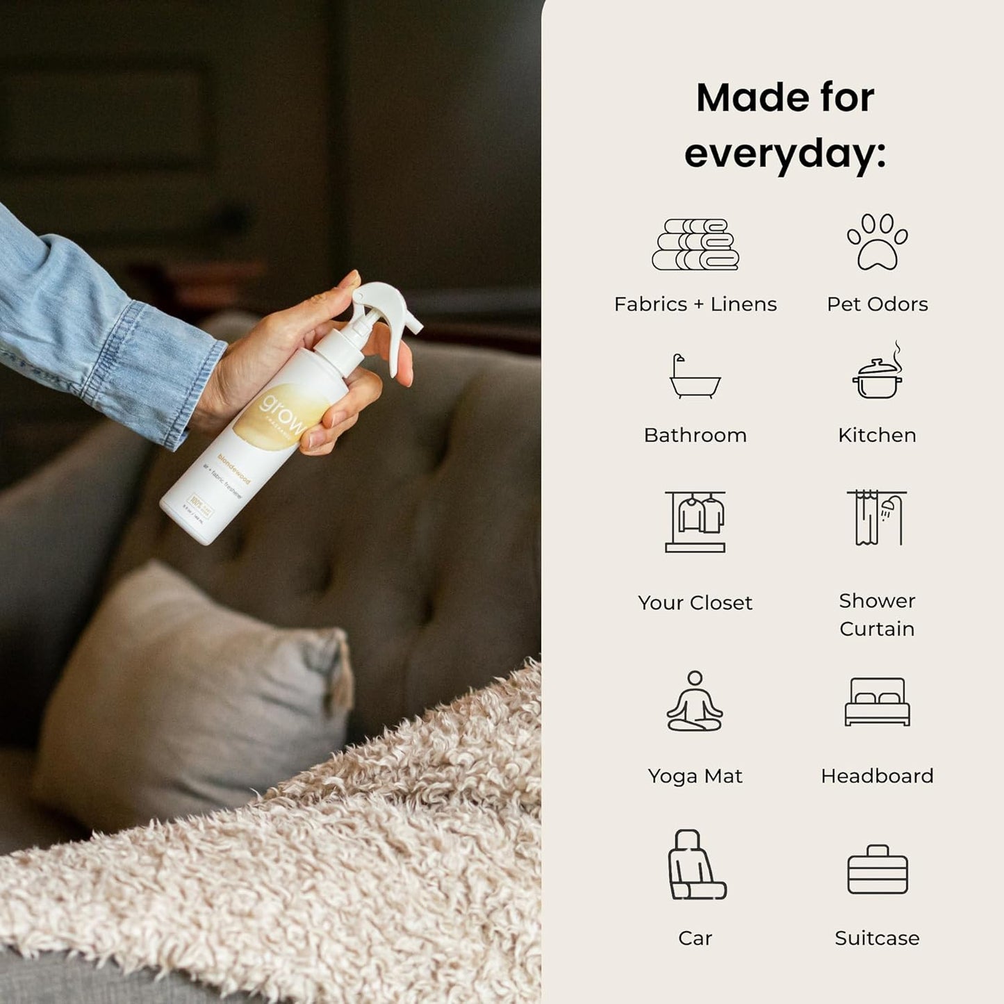 Grow Fragrance 100% Plant-Based Air Freshener Spray | Freshen Fabric & Rooms | Golden Grove, Woodland Sage, Blondewood Scents | Made with Natural Essential Oils - Variety 3 Pack, 5 oz each