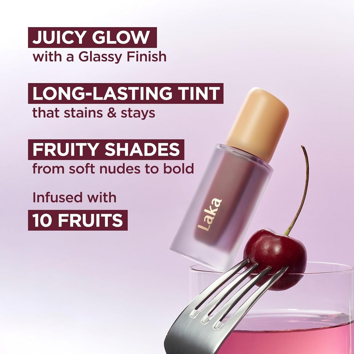 Laka Fruity Glam Tint, 4.5g/0.15 oz., Glowing Lip Stain with Wide Color Spectrum, Hydrating & Lightweight Texture, Long-Lasting Bold Stain, Non-Sticky, Vegan, K-Beauty (#125 Mango)