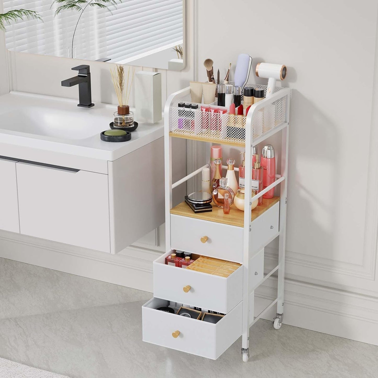 HapiRm Rolling Makeup Cart Organizer - Floor Skincare Make Up Storage with 3 Drawers, Vanity Organizer Cosmetic Display Cases Holder for Skin Care Perfume Nail Polish Brush Hair Tool