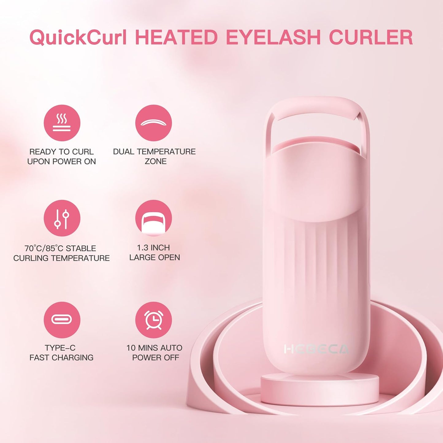Heated Eyelash Curler Innovative, QuickCurl 2S Heat Up, Naturally Lash Curler 70°C/85°C Adjustable Heat, Safe Food-Grade Silicone, 600mAh Battery Portable Size for Travel (Pink)