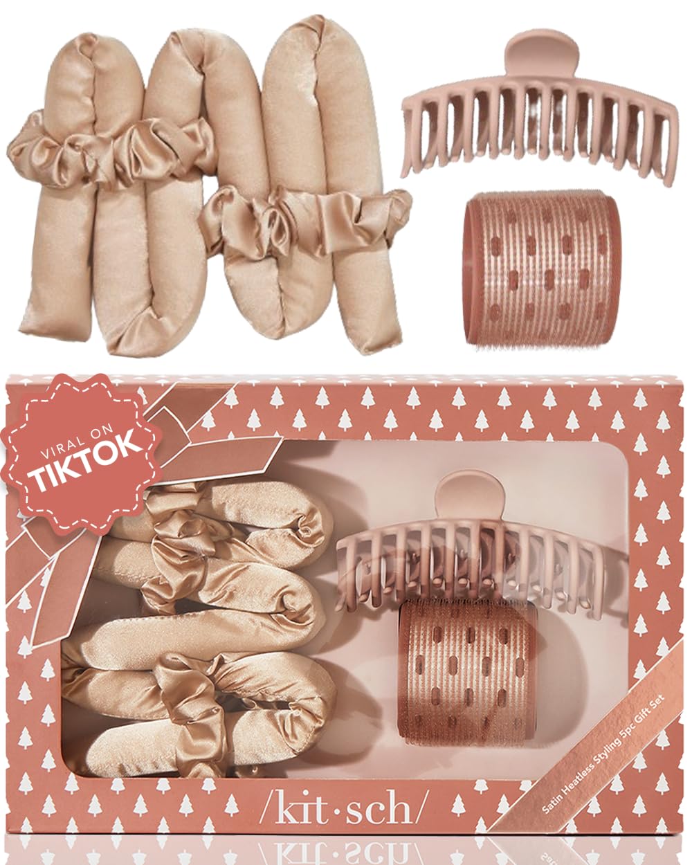 Kitsch Satin Heatless Hair Curler Styling 5pc Gift Set - Satin Heatless Hair Curler w/ 2 Scrunchies, Ceramic Thermal Roller & Claw Clip, Gifts for Women, Hair Roller Styling & Accessories- Champagne