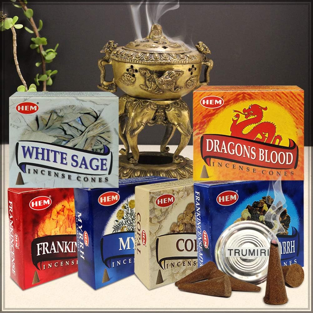 Hem Incense Cones Variety Pack #4 and Inscents-Cones Burner Holder with 6 Most Popular Fragrances - Dragons Blood, Frankincense, Myrrh - Total 60 Scented Cone Incense (6 Scents x 10 Conos)
