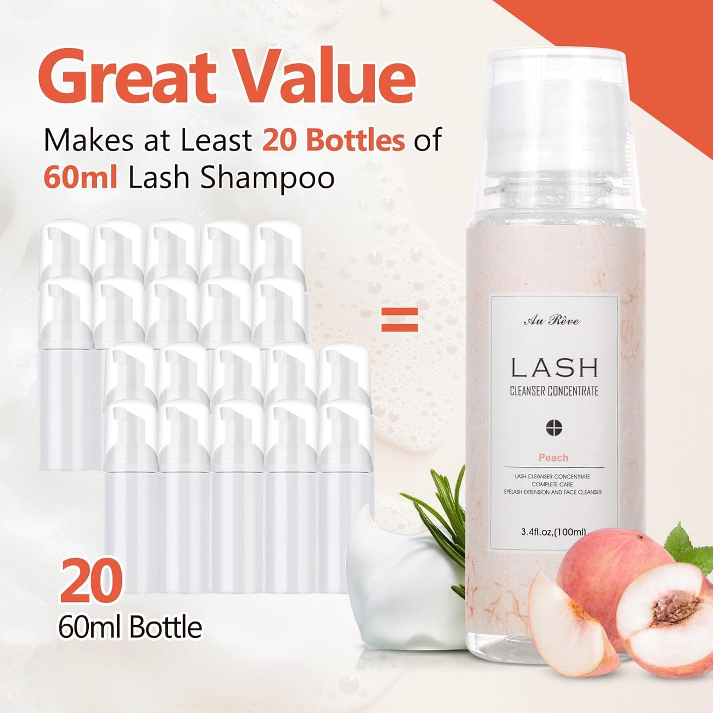 Lash Shampoo Concentrate 100ml Lash Extension Cleanser Oil-Free Eyelash Extension Shampoo with Salon Home Care -Makes 20 Bottles 60ml Lash Shampoo,Peach