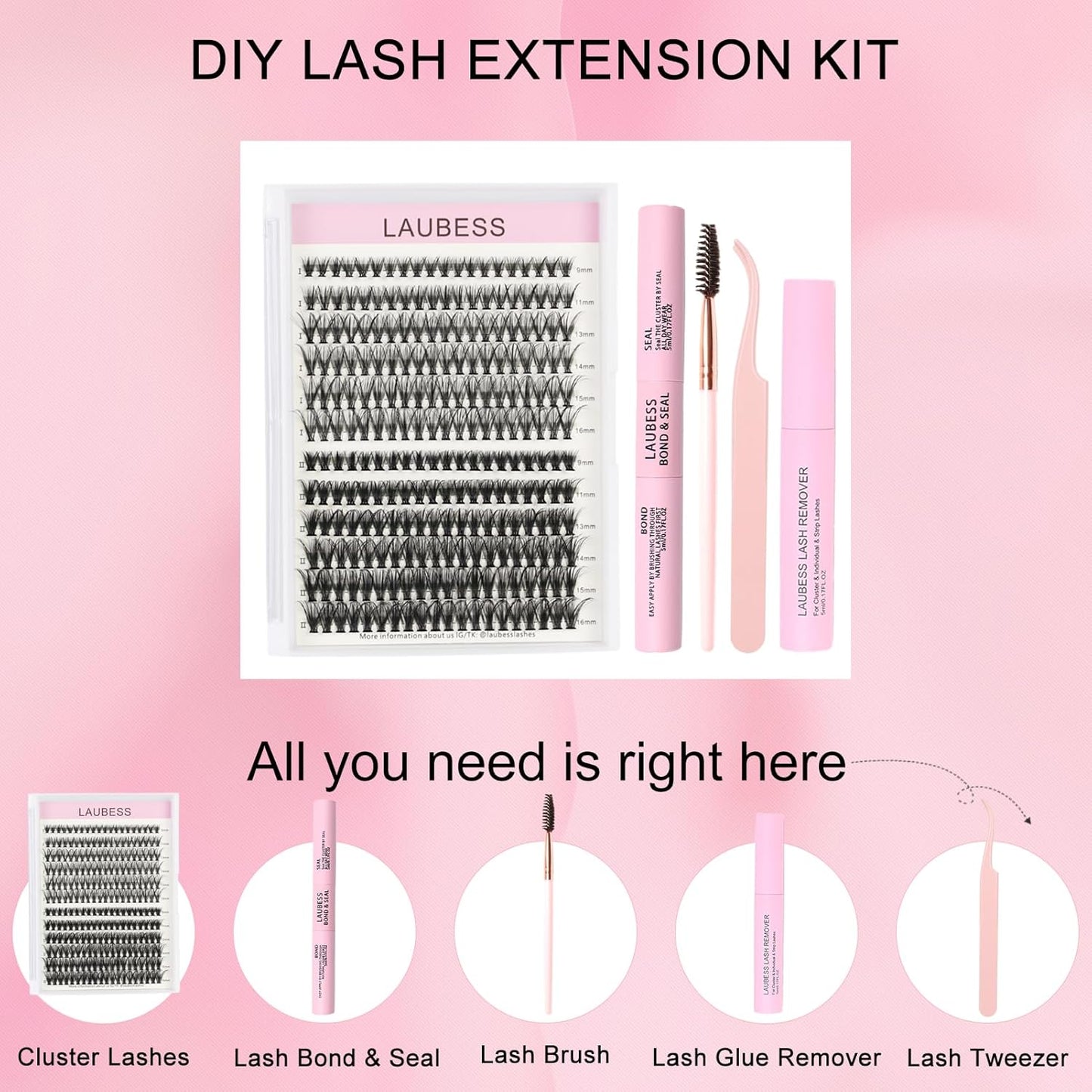 Lash Extension Kit LAUBESS Lash Clusters Kit Cluster Eyelash Extensions Kit Eyelash Clusters Lash Bond and Seal Waterproof Tweezers Brush Lash Glue Remover (Kit 30D/40D-C-Mix9-16)