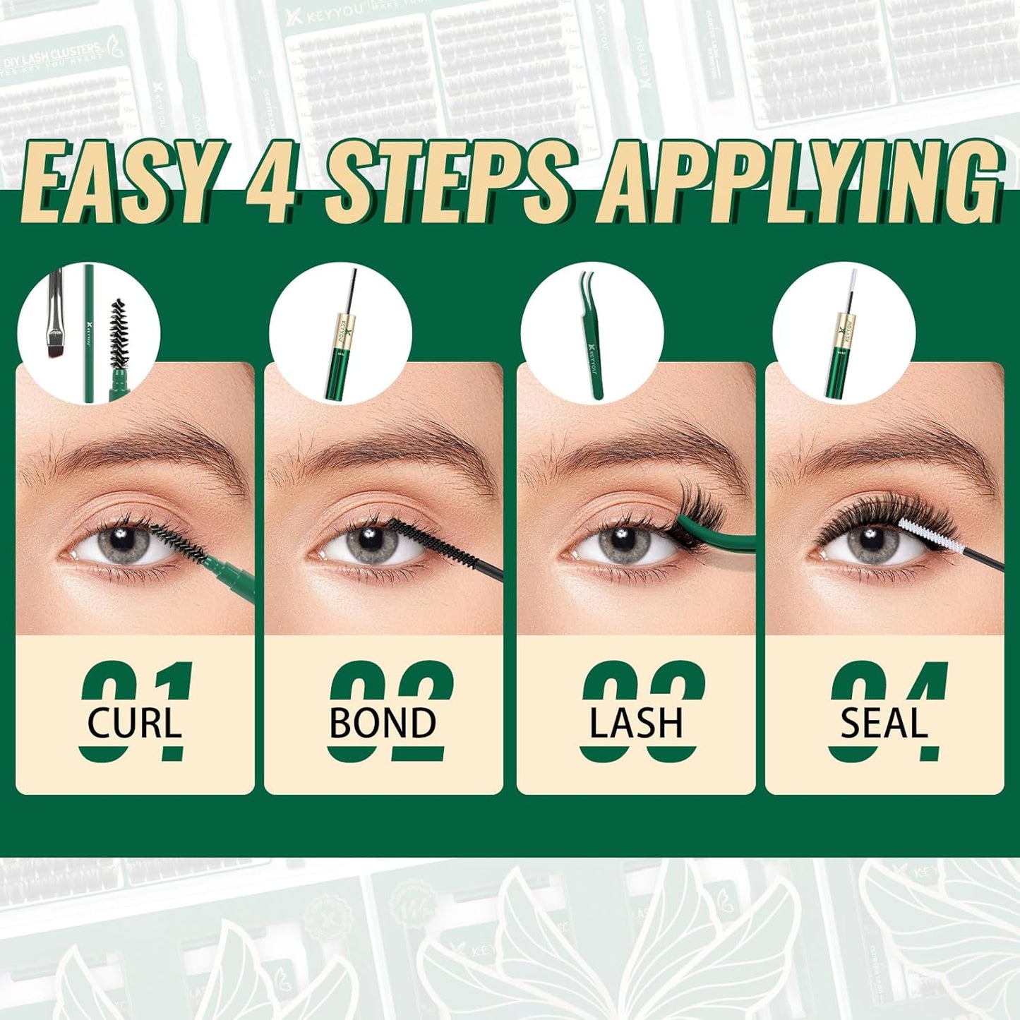 KEYYOU Lash Extension Kit 144pcs Thick Super Soft Lash Clusters,10-18mm D Curl Individual Lashes Kit with Bond and Seal Applicator and Brush Remover Easy to DIY at Home（PC03Kit-D-10-18MIX）