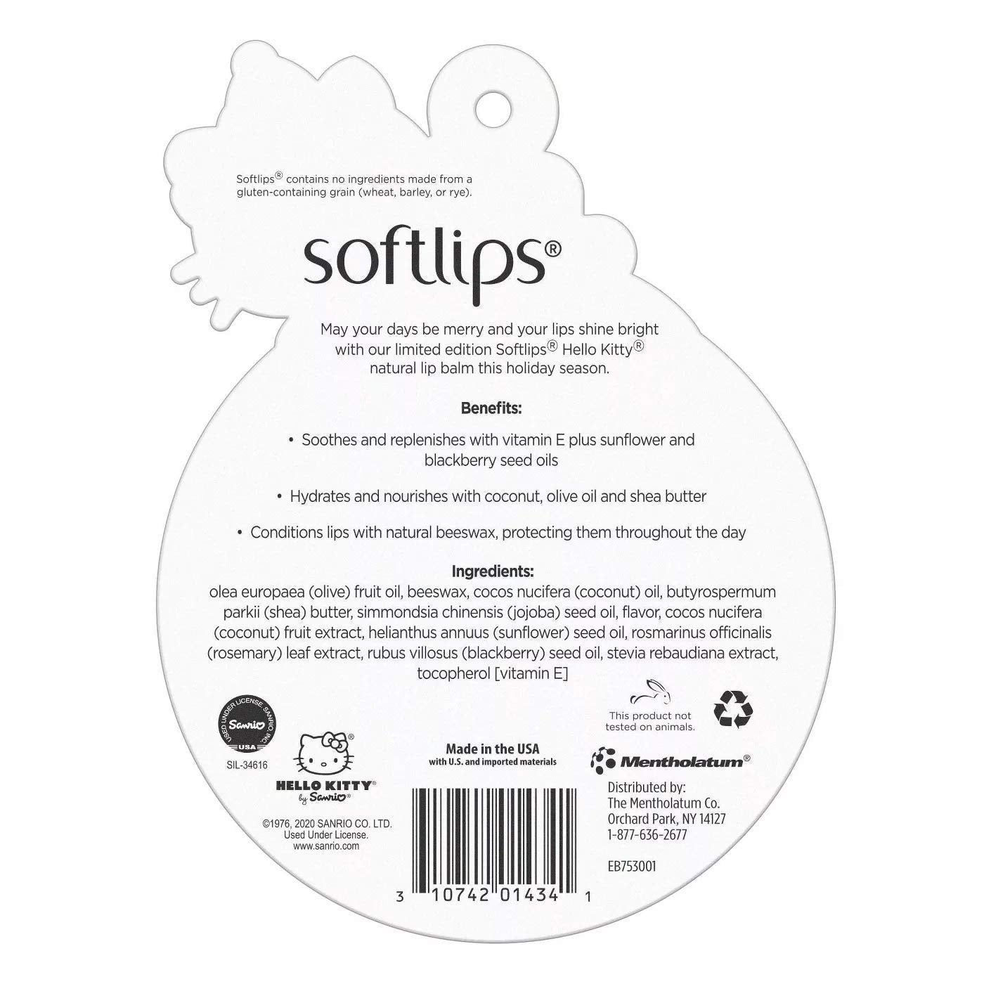 Hello Kitty Limited Edition Softlips Ornament Natural Lip Balm 3-Pack Vanilla Chai, Frosted Cranberry, Sugar Cookie, Holidays 2020