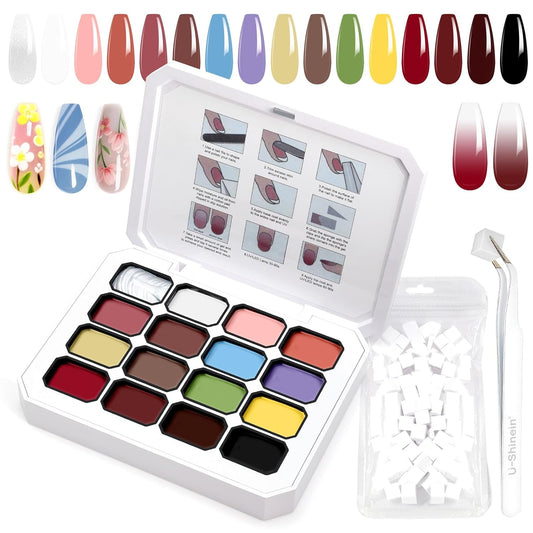 Gradient Painting Gel, 16 Ombre Gel Nail Polish with 100Pcs Nail Sponges &Tweezers for Pigment Pat Nails Almond Nude French Manicure Soak Off UV Long-lasting Palette VelvetSpectrum Studio